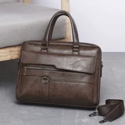 Men's Briefcase Laptop Bag PU Leather Office Daily Zipper Tiered Anti-Dust Solid Color Dark Brown Black Brown