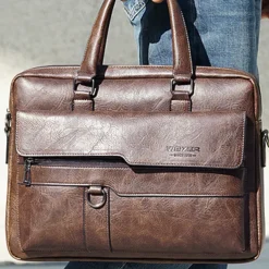 Men's Briefcase Laptop Bag PU Leather Office Daily Zipper Tiered Anti-Dust Solid Color Dark Brown Black Brown