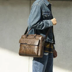 Men's Briefcase Laptop Bag PU Leather Office Daily Zipper Tiered Anti-Dust Solid Color Dark Brown Black Brown