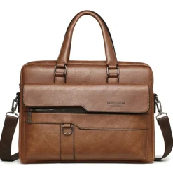 Men's Briefcase Laptop Bag PU Leather Office Daily Zipper Tiered Anti-Dust Solid Color Dark Brown Black Brown