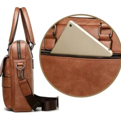 Men's Briefcase Laptop Bag PU Leather Office Daily Zipper Tiered Anti-Dust Solid Color Dark Brown Black Brown