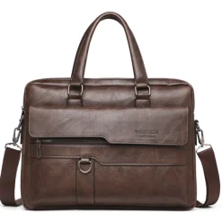 Men's Briefcase Laptop Bag PU Leather Office Daily Zipper Tiered Anti-Dust Solid Color Dark Brown Black Brown