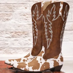 Men's Brown and White Cow Print Western Cowboy Boots – Embroidered Faux Leather Design, Perfect for Rodeos, Casual Wear, and Country Fashion