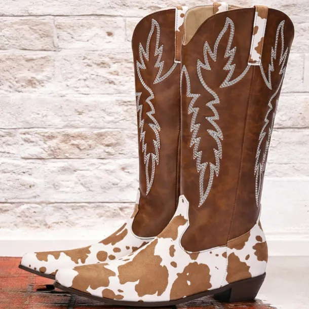 Men's Brown and White Cow Print Western Cowboy Boots – Embroidered Faux Leather Design, Perfect for Rodeos, Casual Wear, and Country Fashion