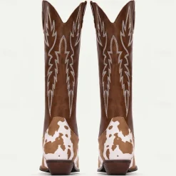 Men's Brown and White Cow Print Western Cowboy Boots – Embroidered Faux Leather Design, Perfect for Rodeos, Casual Wear, and Country Fashion