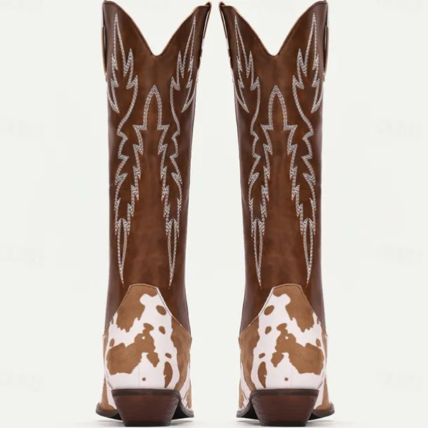 Men's Brown and White Cow Print Western Cowboy Boots – Embroidered Faux Leather Design, Perfect for Rodeos, Casual Wear, and Country Fashion