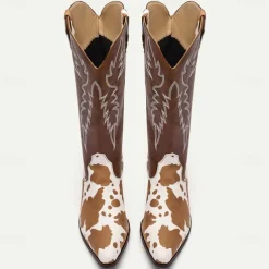 Men's Brown and White Cow Print Western Cowboy Boots – Embroidered Faux Leather Design, Perfect for Rodeos, Casual Wear, and Country Fashion