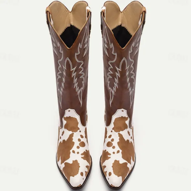 Men's Brown and White Cow Print Western Cowboy Boots – Embroidered Faux Leather Design, Perfect for Rodeos, Casual Wear, and Country Fashion