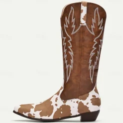 Men's Brown and White Cow Print Western Cowboy Boots – Embroidered Faux Leather Design, Perfect for Rodeos, Casual Wear, and Country Fashion