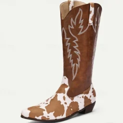 Men's Brown and White Cow Print Western Cowboy Boots – Embroidered Faux Leather Design, Perfect for Rodeos, Casual Wear, and Country Fashion