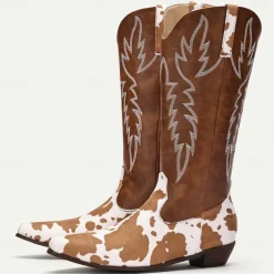 Men's Brown and White Cow Print Western Cowboy Boots – Embroidered Faux Leather Design, Perfect for Rodeos, Casual Wear, and Country Fashion