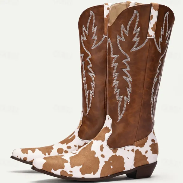 Men's Brown and White Cow Print Western Cowboy Boots – Embroidered Faux Leather Design, Perfect for Rodeos, Casual Wear, and Country Fashion