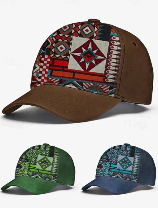 Men's Brown Baseball Cap with Colorful Tribal Print – Adjustable Casual Hat for Outdoor Activities and Festivals