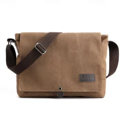 Men's Brown Canvas Messenger Bag with Adjustable Shoulder Strap and Minimalist Design - Durable and Stylish for Work or Casual Use