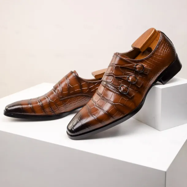 Men's Brown Cowhide Leather Dress Shoes - Crocodile Pattern with Triple Buckle Straps and Pointed Toe Design