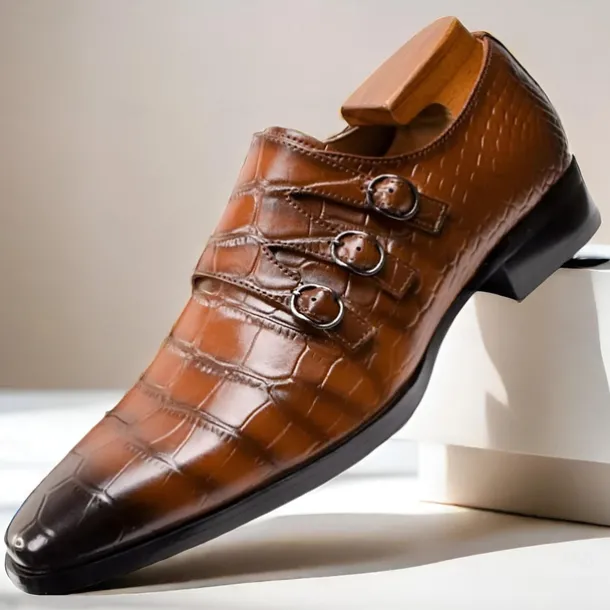 Men's Brown Cowhide Leather Dress Shoes - Crocodile Pattern with Triple Buckle Straps and Pointed Toe Design