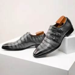 Men's Brown Cowhide Leather Dress Shoes - Crocodile Pattern with Triple Buckle Straps and Pointed Toe Design