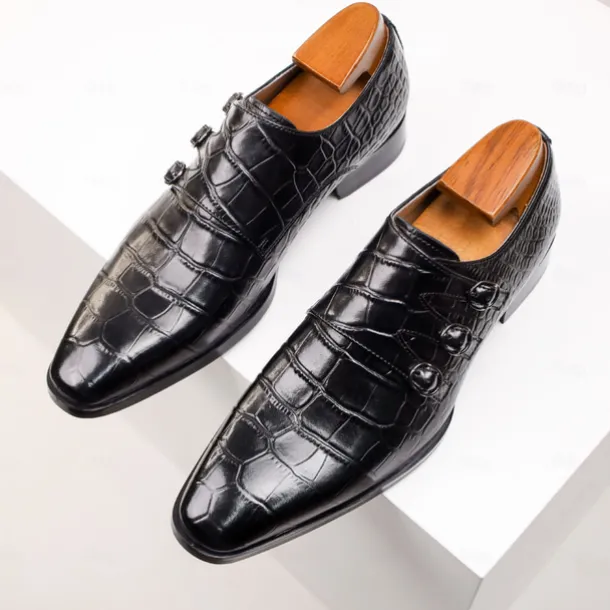 Men's Brown Cowhide Leather Dress Shoes - Crocodile Pattern with Triple Buckle Straps and Pointed Toe Design