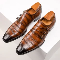 Men's Brown Cowhide Leather Dress Shoes - Crocodile Pattern with Triple Buckle Straps and Pointed Toe Design