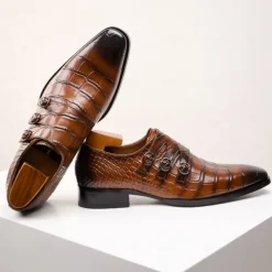 Men's Brown Cowhide Leather Dress Shoes - Crocodile Pattern with Triple Buckle Straps and Pointed Toe Design