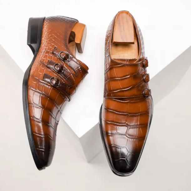 Men's Brown Cowhide Leather Dress Shoes - Crocodile Pattern with Triple Buckle Straps and Pointed Toe Design