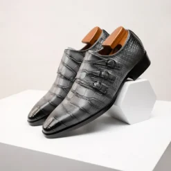 Men's Brown Cowhide Leather Dress Shoes - Crocodile Pattern with Triple Buckle Straps and Pointed Toe Design