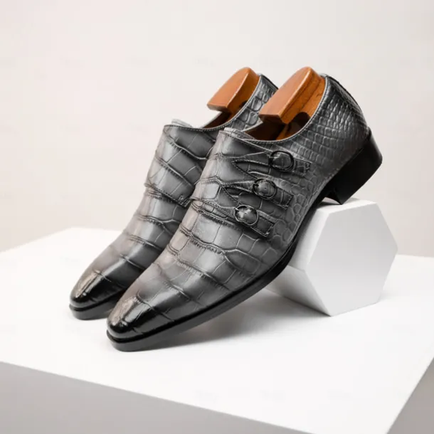 Men's Brown Cowhide Leather Dress Shoes - Crocodile Pattern with Triple Buckle Straps and Pointed Toe Design