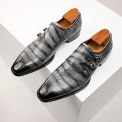 Men's Brown Cowhide Leather Dress Shoes - Crocodile Pattern with Triple Buckle Straps and Pointed Toe Design