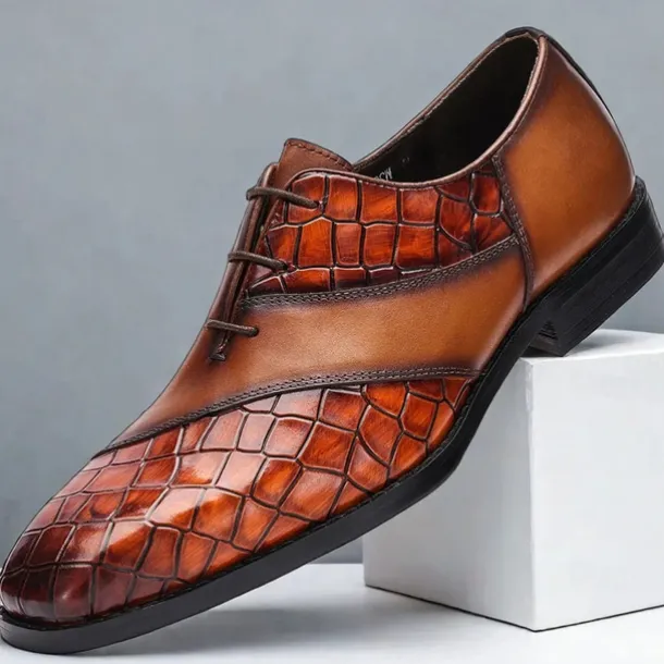 Men's Brown Crocodile Embossed Leather Oxford Shoes – Premium Cowhide Formal Lace-Up Shoes for Business and Special Events