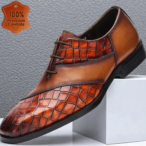 Men's Brown Crocodile Embossed Leather Oxford Shoes – Premium Cowhide Formal Lace-Up Shoes for Business and Special Events