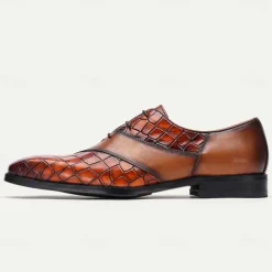 Men's Brown Crocodile Embossed Leather Oxford Shoes – Premium Cowhide Formal Lace-Up Shoes for Business and Special Events