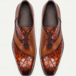 Men's Brown Crocodile Embossed Leather Oxford Shoes – Premium Cowhide Formal Lace-Up Shoes for Business and Special Events
