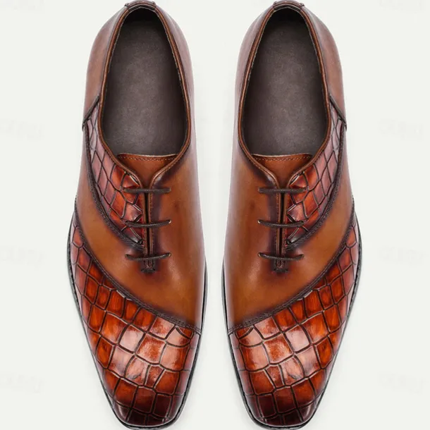 Men's Brown Crocodile Embossed Leather Oxford Shoes – Premium Cowhide Formal Lace-Up Shoes for Business and Special Events