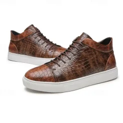 Men's Brown Crocodile Pattern Faux Leather Sneakers with Lace-Up Design and Comfortable White Sole for Casual and Stylish Everyday Wear