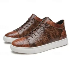 Men's Brown Crocodile Pattern Faux Leather Sneakers with Lace-Up Design and Comfortable White Sole for Casual and Stylish Everyday Wear