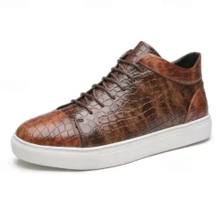 Men's Brown Crocodile Pattern Faux Leather Sneakers with Lace-Up Design and Comfortable White Sole for Casual and Stylish Everyday Wear