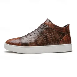 Men's Brown Crocodile Pattern Faux Leather Sneakers with Lace-Up Design and Comfortable White Sole for Casual and Stylish Everyday Wear