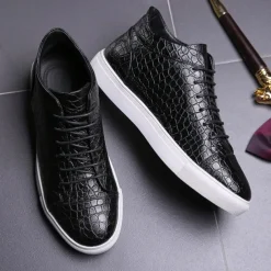 Men's Brown Crocodile Pattern Faux Leather Sneakers with Lace-Up Design and Comfortable White Sole for Casual and Stylish Everyday Wear
