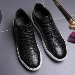 Men's Brown Crocodile Pattern Faux Leather Sneakers with Lace-Up Design and Comfortable White Sole for Casual and Stylish Everyday Wear