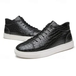 Men's Brown Crocodile Pattern Faux Leather Sneakers with Lace-Up Design and Comfortable White Sole for Casual and Stylish Everyday Wear