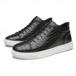 Men's Brown Crocodile Pattern Faux Leather Sneakers with Lace-Up Design and Comfortable White Sole for Casual and Stylish Everyday Wear