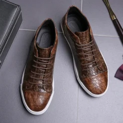 Men's Brown Crocodile Pattern Faux Leather Sneakers with Lace-Up Design and Comfortable White Sole for Casual and Stylish Everyday Wear