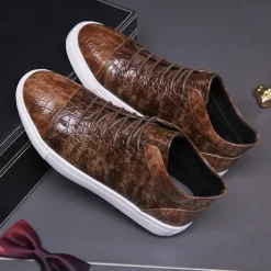 Men's Brown Crocodile Pattern Faux Leather Sneakers with Lace-Up Design and Comfortable White Sole for Casual and Stylish Everyday Wear