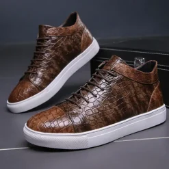 Men's Brown Crocodile Pattern Faux Leather Sneakers with Lace-Up Design and Comfortable White Sole for Casual and Stylish Everyday Wear
