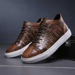 Men's Brown Crocodile Pattern Faux Leather Sneakers with Lace-Up Design and Comfortable White Sole for Casual and Stylish Everyday Wear