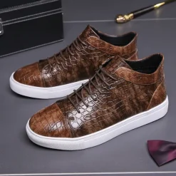 Men's Brown Crocodile Pattern Faux Leather Sneakers with Lace-Up Design and Comfortable White Sole for Casual and Stylish Everyday Wear