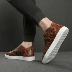 Men's Brown Crocodile Pattern Faux Leather Sneakers with Lace-Up Design and Comfortable White Sole for Casual and Stylish Everyday Wear