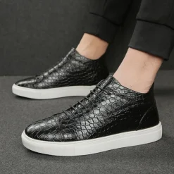 Men's Brown Crocodile Pattern Faux Leather Sneakers with Lace-Up Design and Comfortable White Sole for Casual and Stylish Everyday Wear