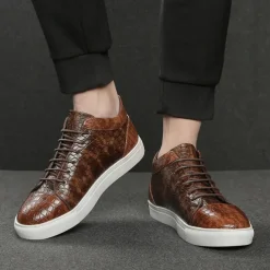 Men's Brown Crocodile Pattern Faux Leather Sneakers with Lace-Up Design and Comfortable White Sole for Casual and Stylish Everyday Wear