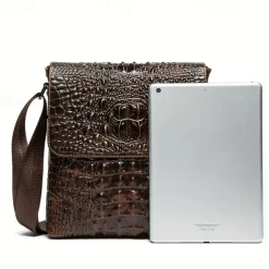 Men's Brown Crocodile Pattern Crossbody Bag, Stylish Leather Shoulder Messenger Bag for Daily Use and Casual Occasions